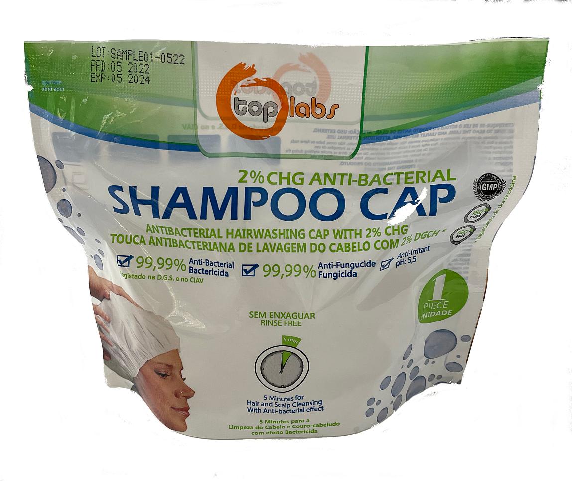 Antibacterial hairwashing cap with 2% CHG